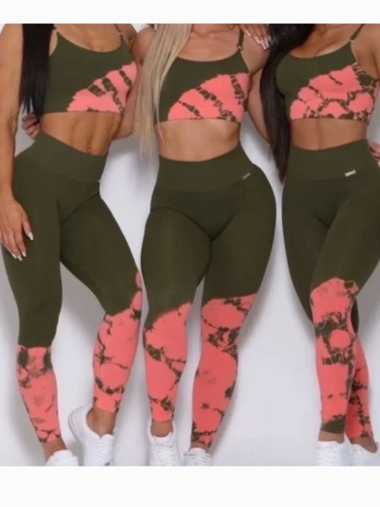 Bombshell Sportswear Pants - Bombshell Olive & Coral Tie-Dye High-Waist Leggings- Sz 6